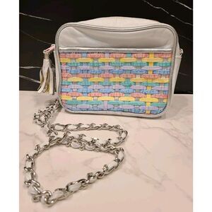 Vintage Dove White Leather Pastel Woven Crossbody Shoulder Bag Chain Strap GUC